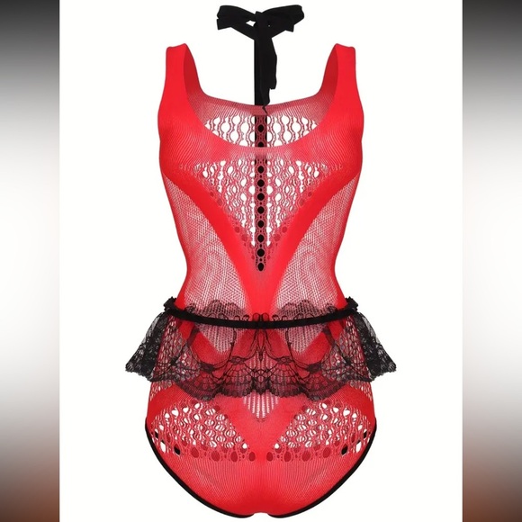 Red & Black Hollow Out One-Piece Fishnet Teddy Bodysuit - Picture 3 of 6